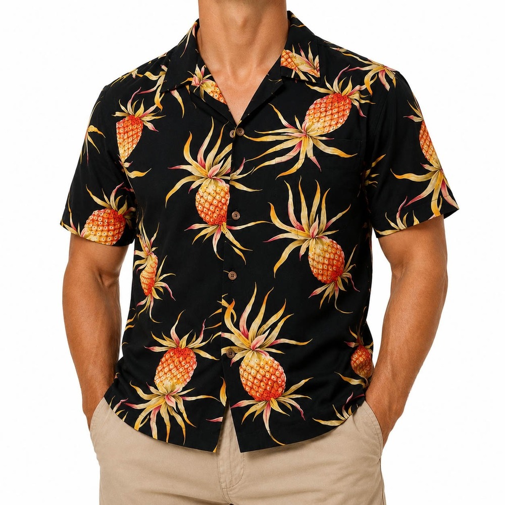 Ho Aloha Hawaiian Shirt Black Pineapple Print Made in Hawaii Mens XL Button Up